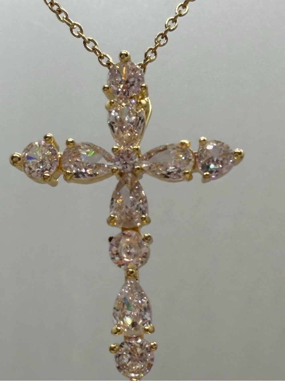 Gold Cross Pendant Necklace with clear Cubic Zirconia Stones